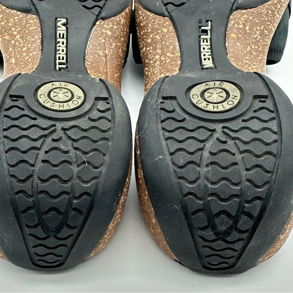Merrell Sundial Black Leather Slide Cork Wedge Sandals